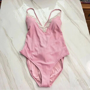 Aerie Waffle V-Neck One Piece Swimsuit Size XL Country Pink Adjustable Straps